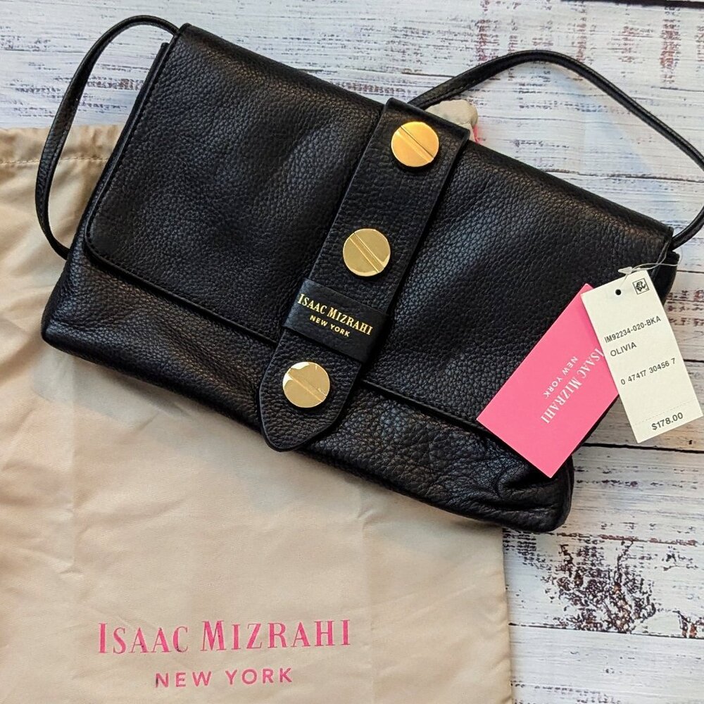 Isaac Mizrahi NWT New York Olivia Soft Leather Clutch or Shoulder Bag Black